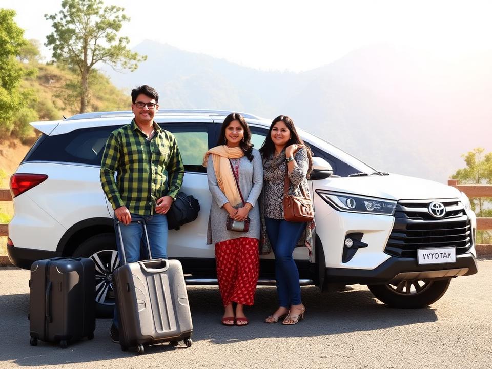 Happy tourist family beside a premium Innova taxi